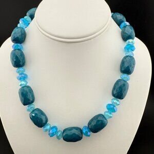 Faceted Blue Gemstone & Crystal Bead Necklace With Sterling‎ Silver Toggle Clasp
